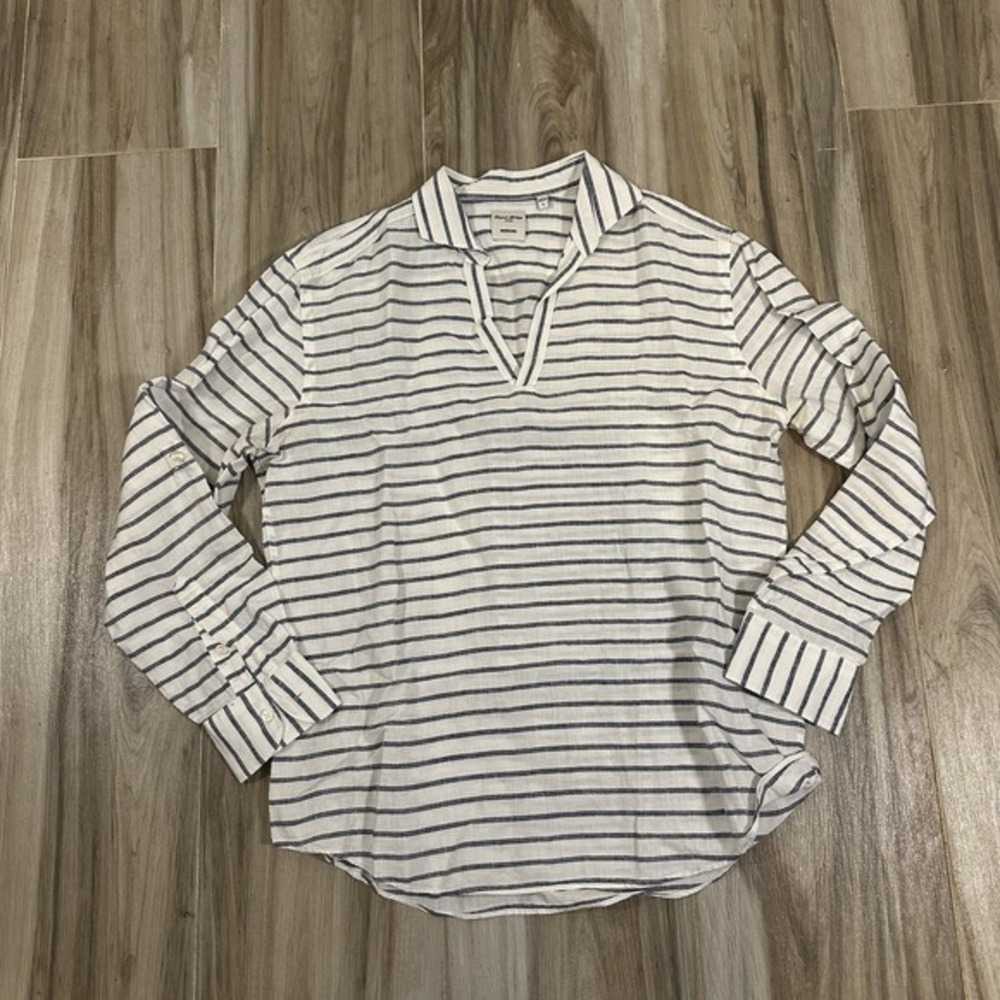 Baird McNutt‎ Large Pullover Long Sleeve White Blue Linen Stripes Coastal Preppy